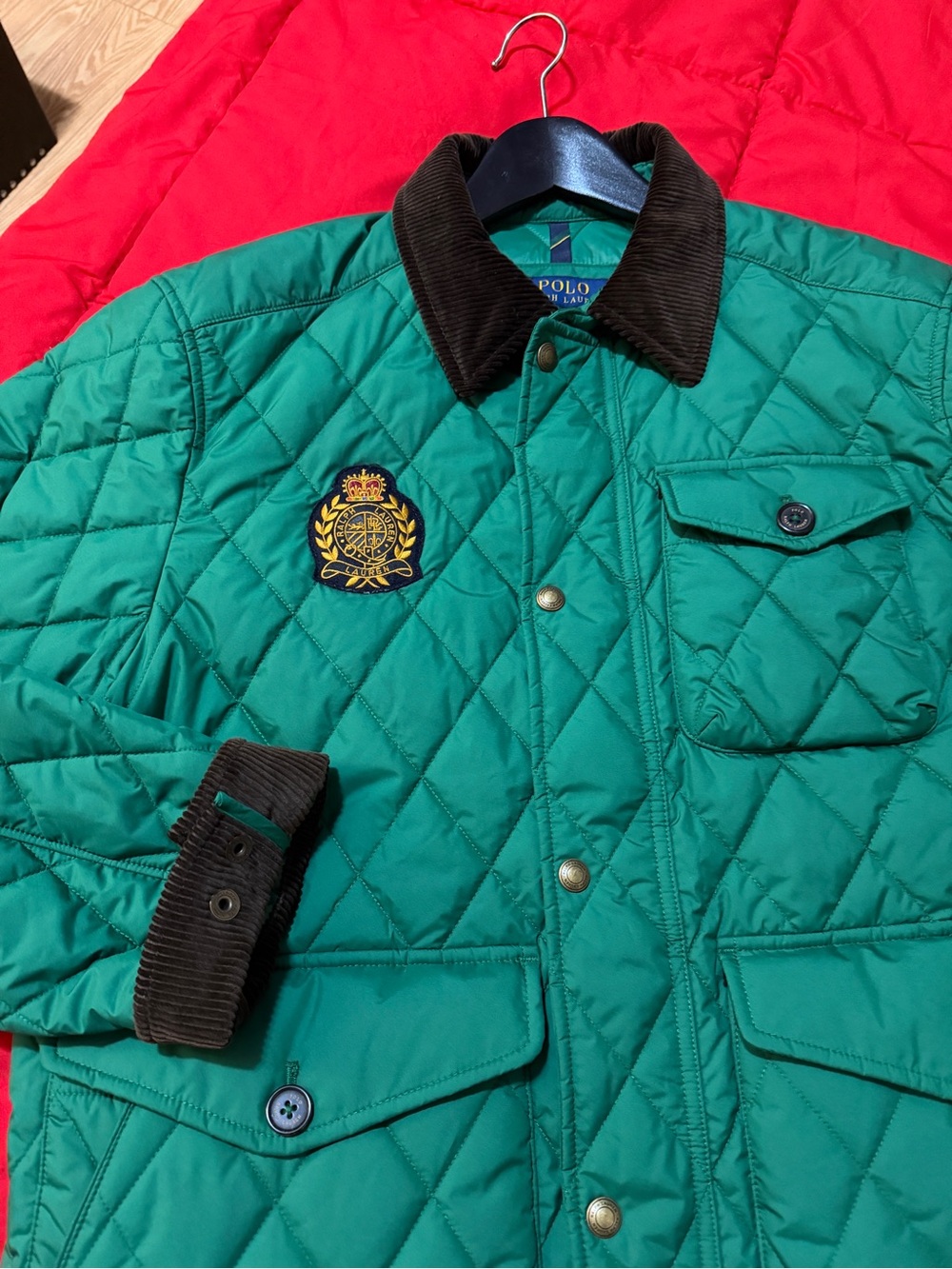 Polo by Ralph Lauren Green Quilted Puffer Jacket with Black Corduroy Collar - Picture 3 of 8